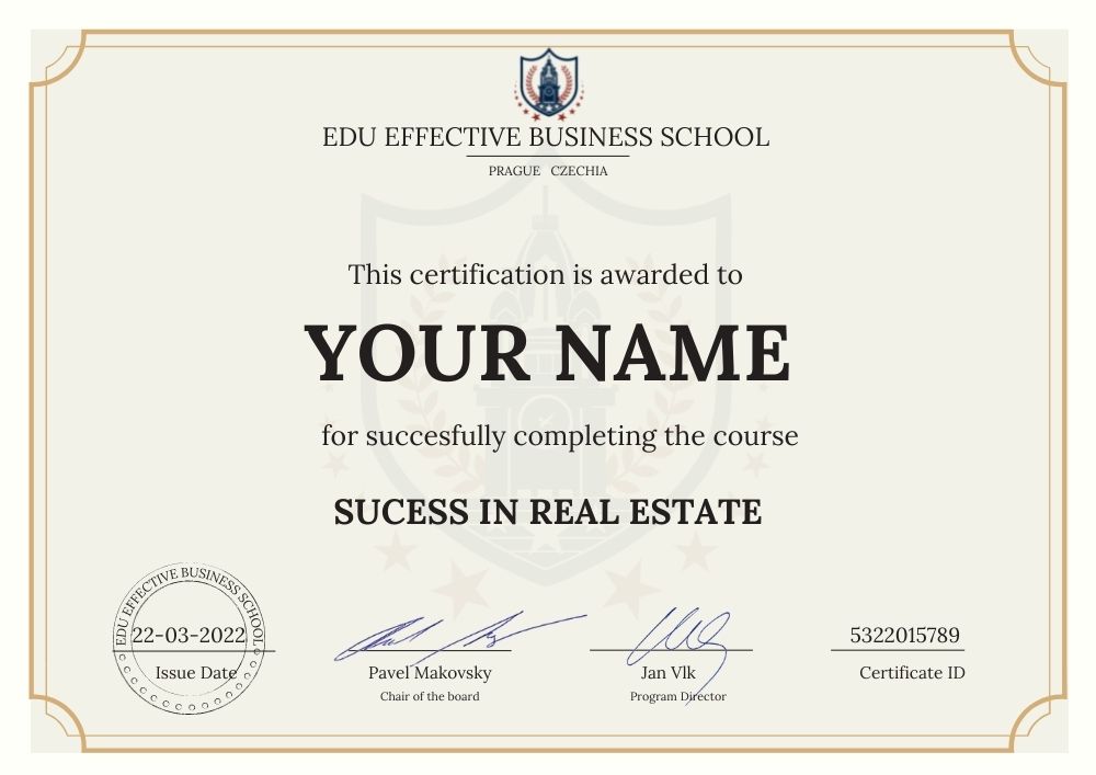 Success in Real Estate Certificate specimen